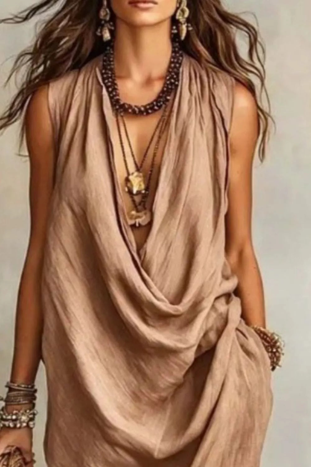 Sleeveless Drape-Neck Midi Dress with Pockets