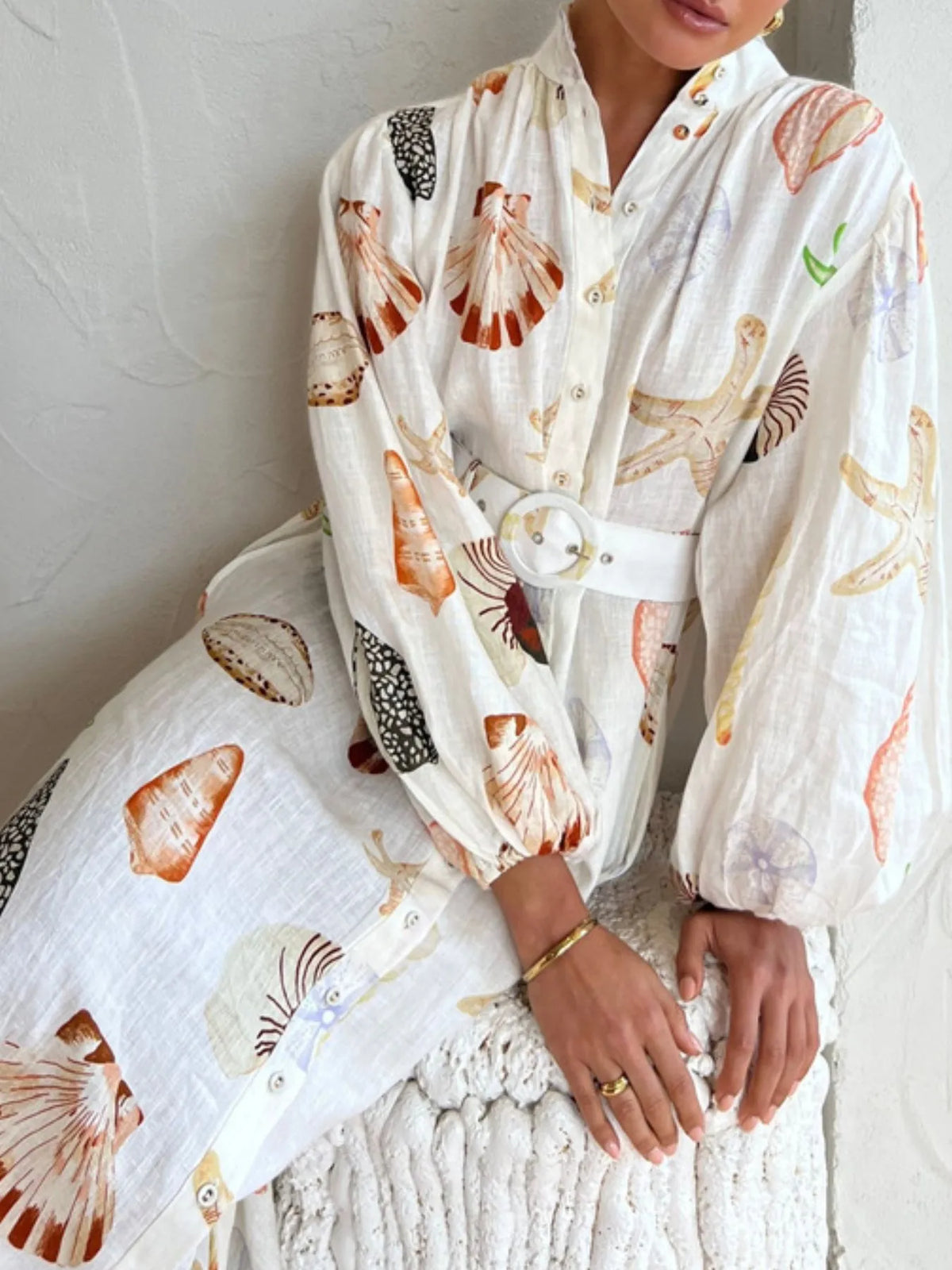 Printed Balloon Sleeve Maxi Shirt Dress in Beige