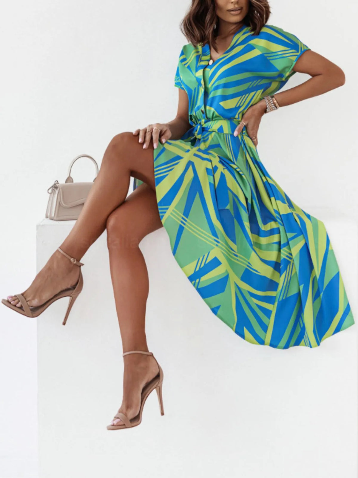 Printed Button-Front Midi Dress with Belt