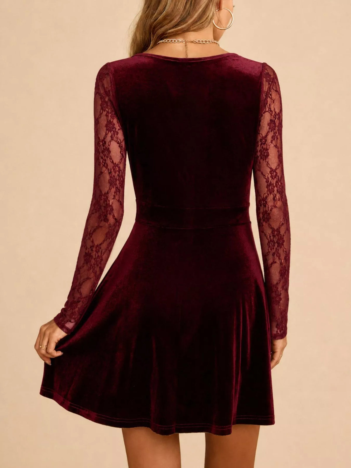 Velvet Lace Long Sleeve Mini Dress in Burgundy