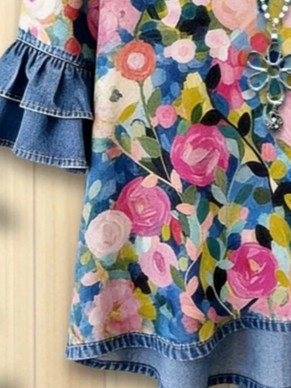 Floral Ruffle-Trim Denim Top