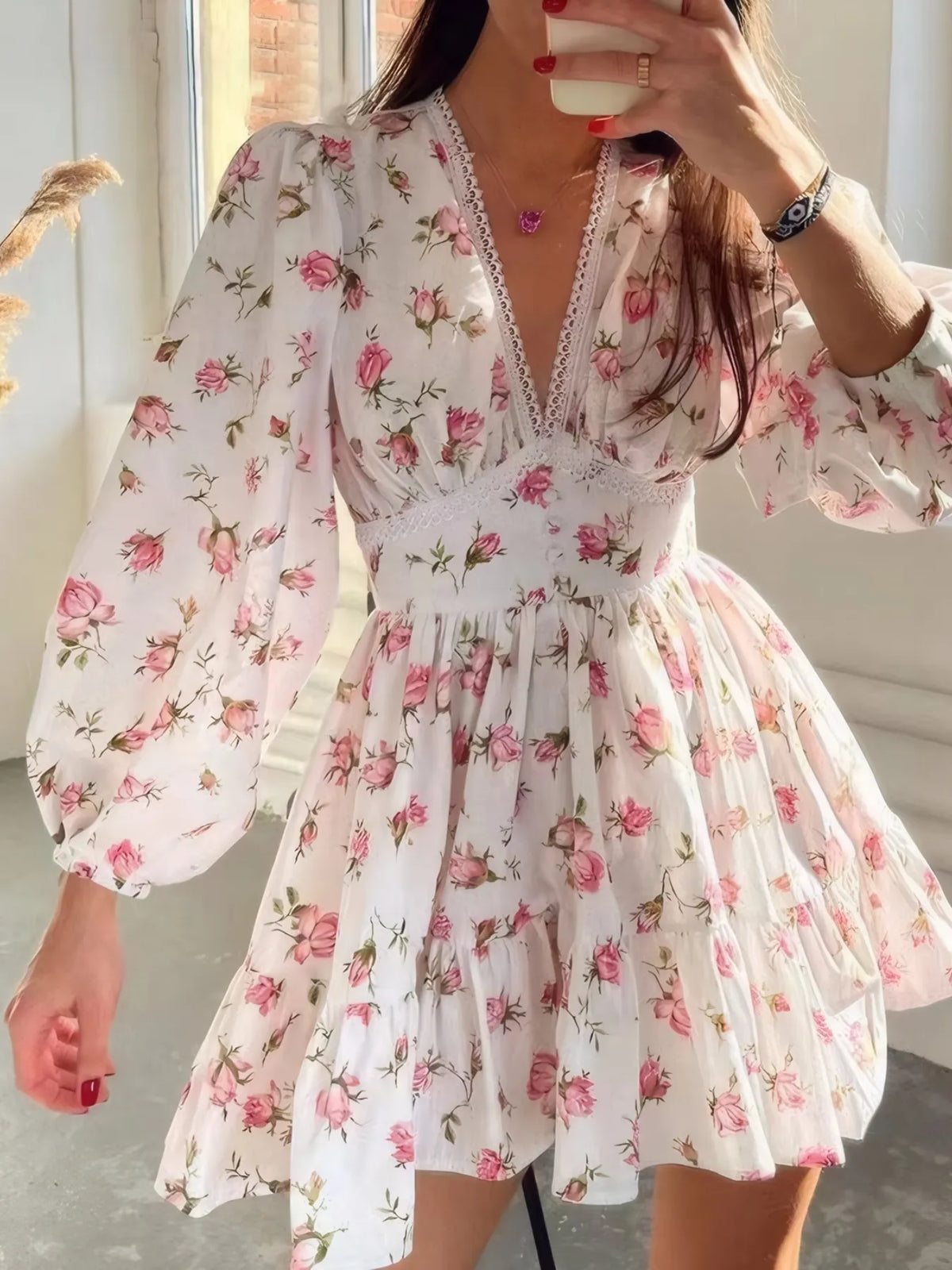 Floral Lace-Detail V-Neck Mini Dress