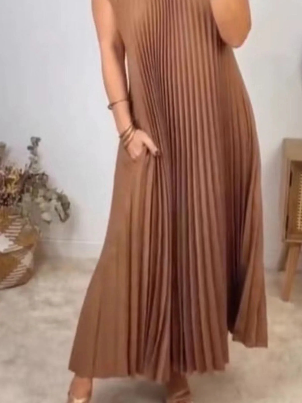 Pleated Round-Neck Maxi Dress with Pockets, Plus Size by Rosaline