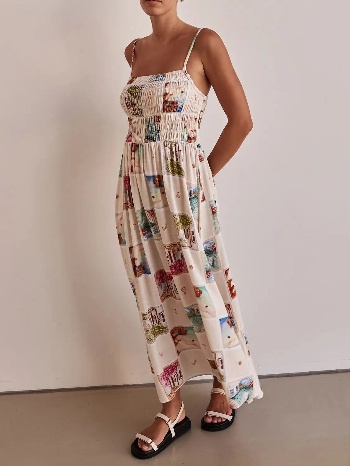 Smocked Square-Neck Cami Dress in Multicolor