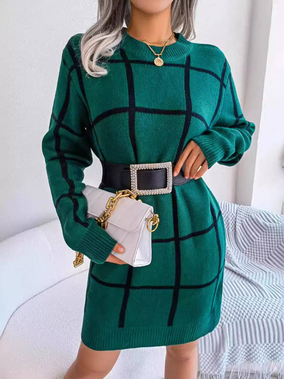 Plaid Long Sleeve Sweater Dress by Clise