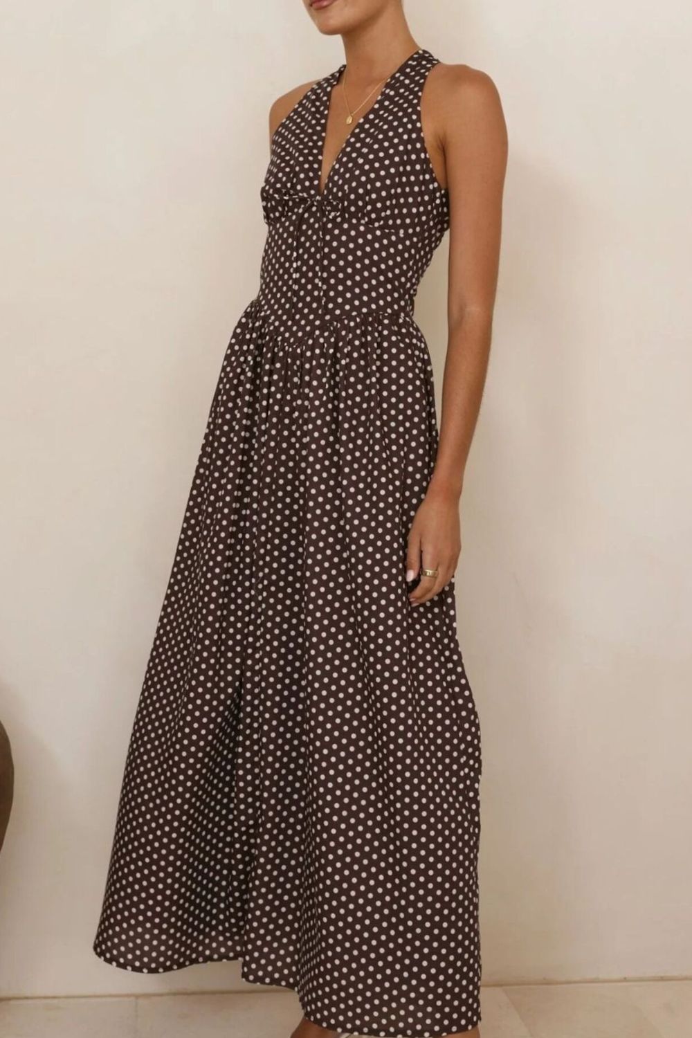 Backless Polka Dot Halter Maxi Dress