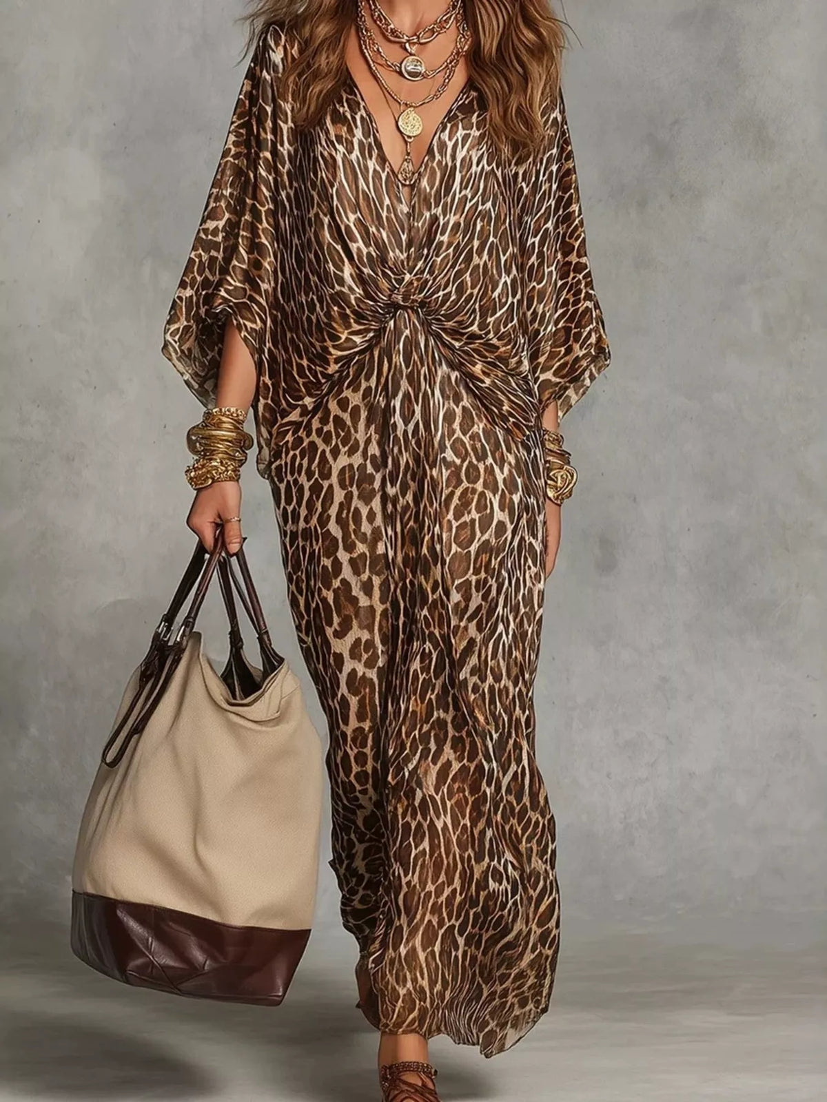 Leopard Print Twisted V-Neck Maxi Dress