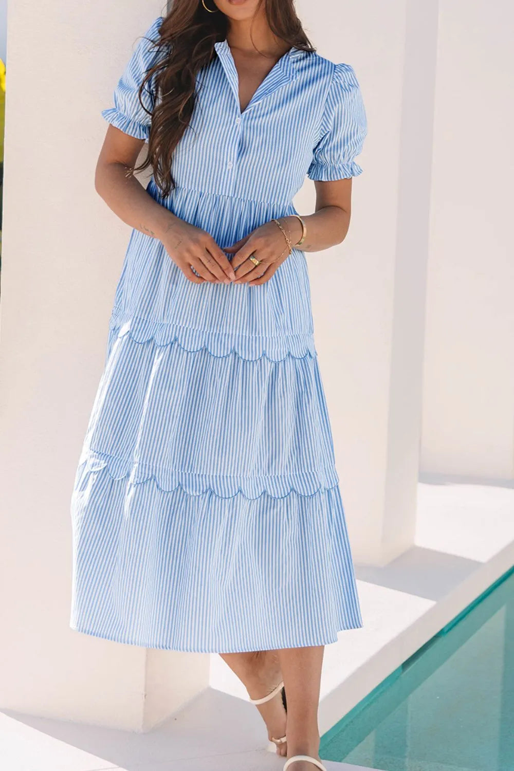 Striped Scallop Tiered Midi Dress in Light Blue