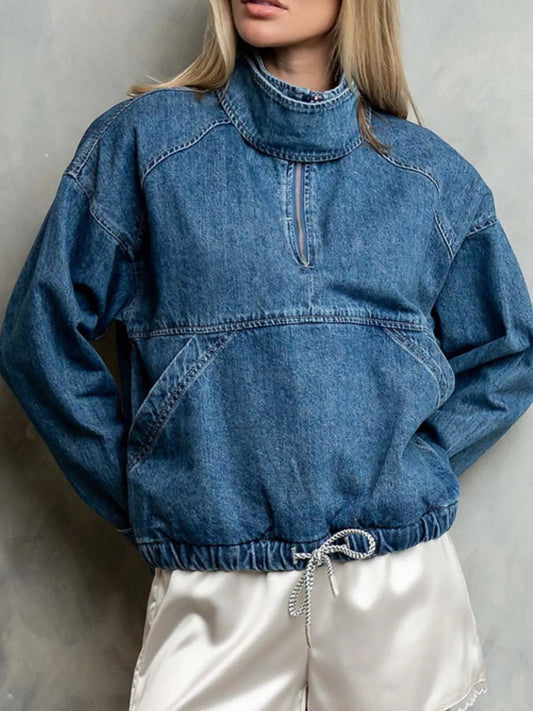 Half-Zip Turtleneck Denim Top in Blue
