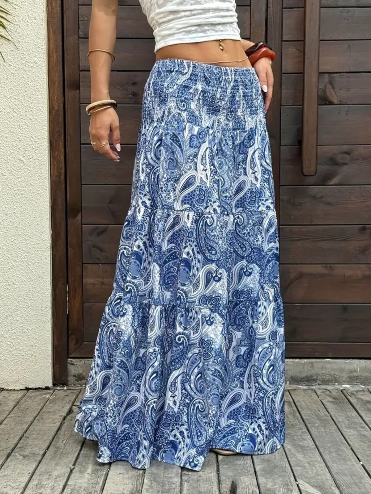 Smocked Paisley Print Maxi Skirt