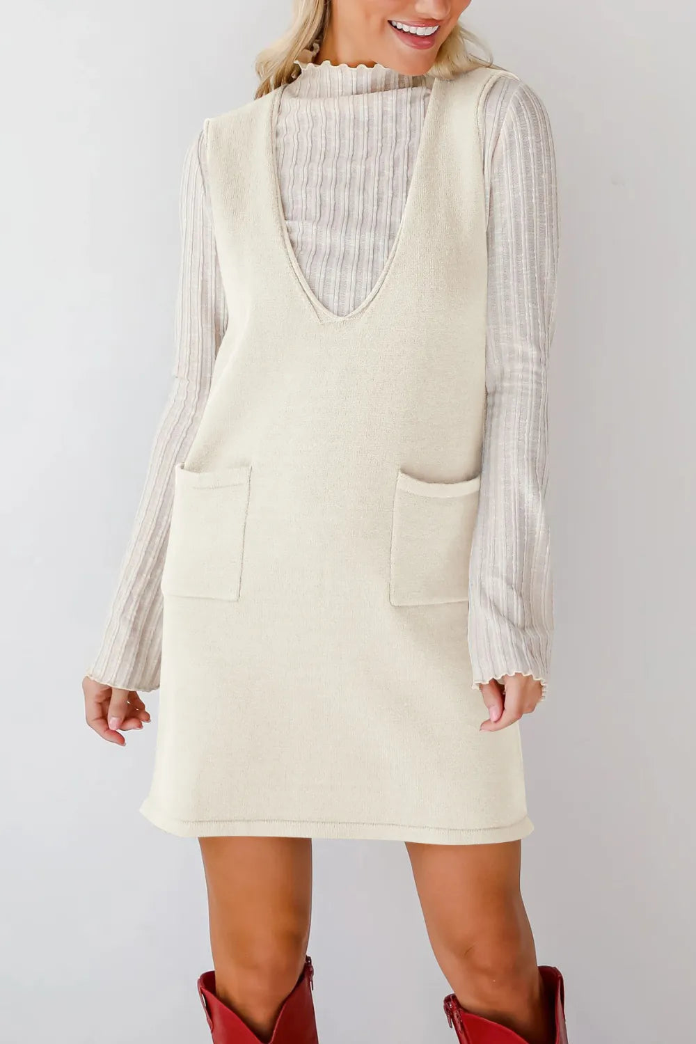 Pocketed V-Neck Mini Sweater Overall Dress