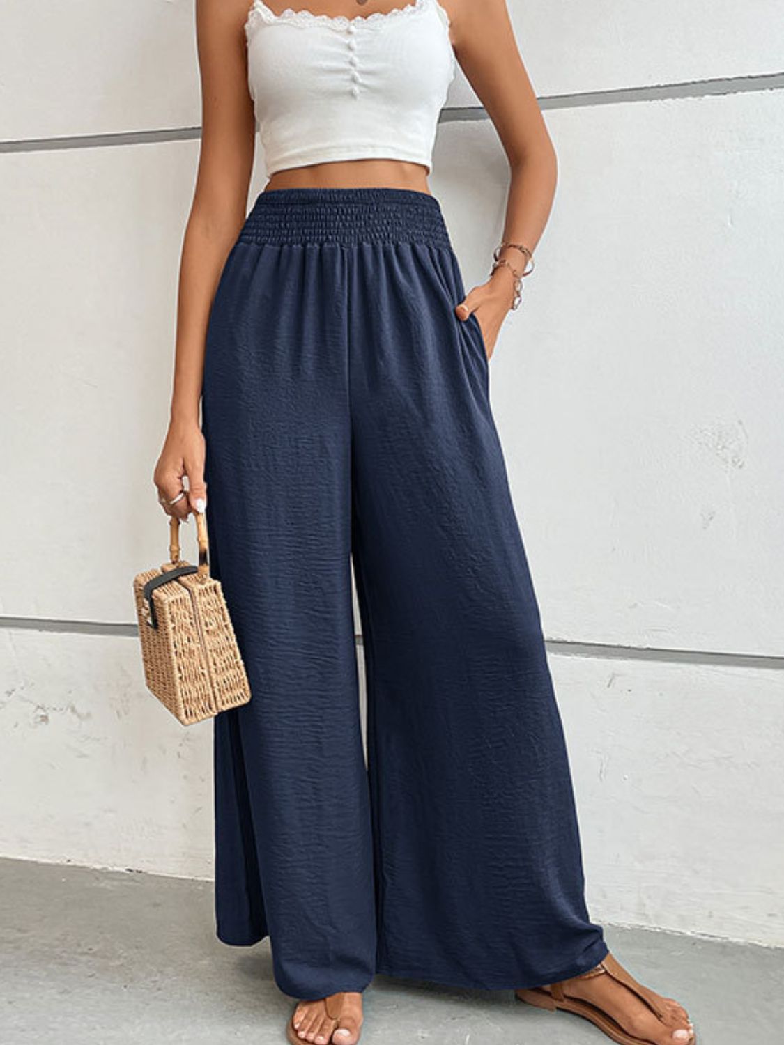 Wide Waistband Relaxed Fit Long Pants