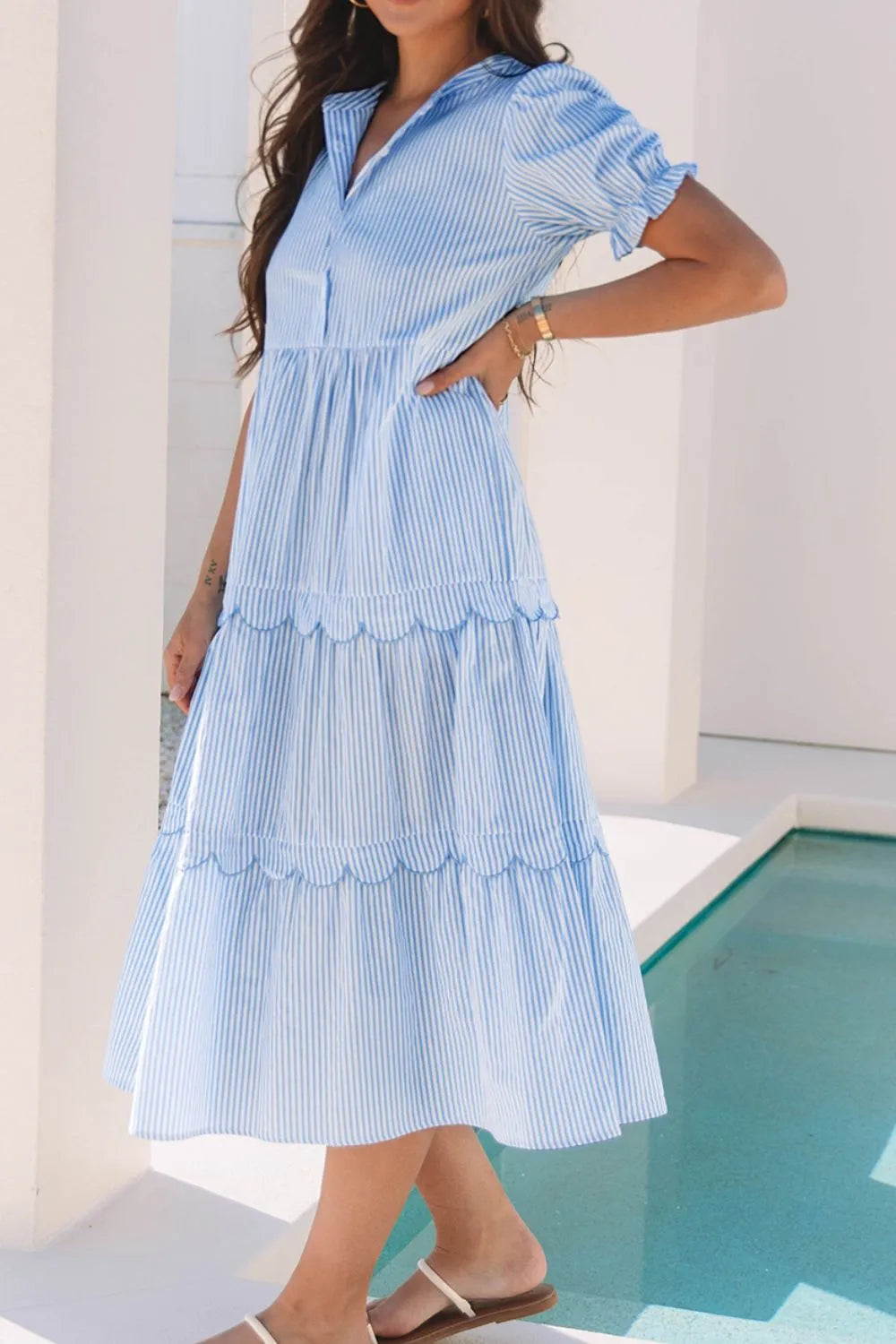Striped Scallop Tiered Midi Dress in Light Blue