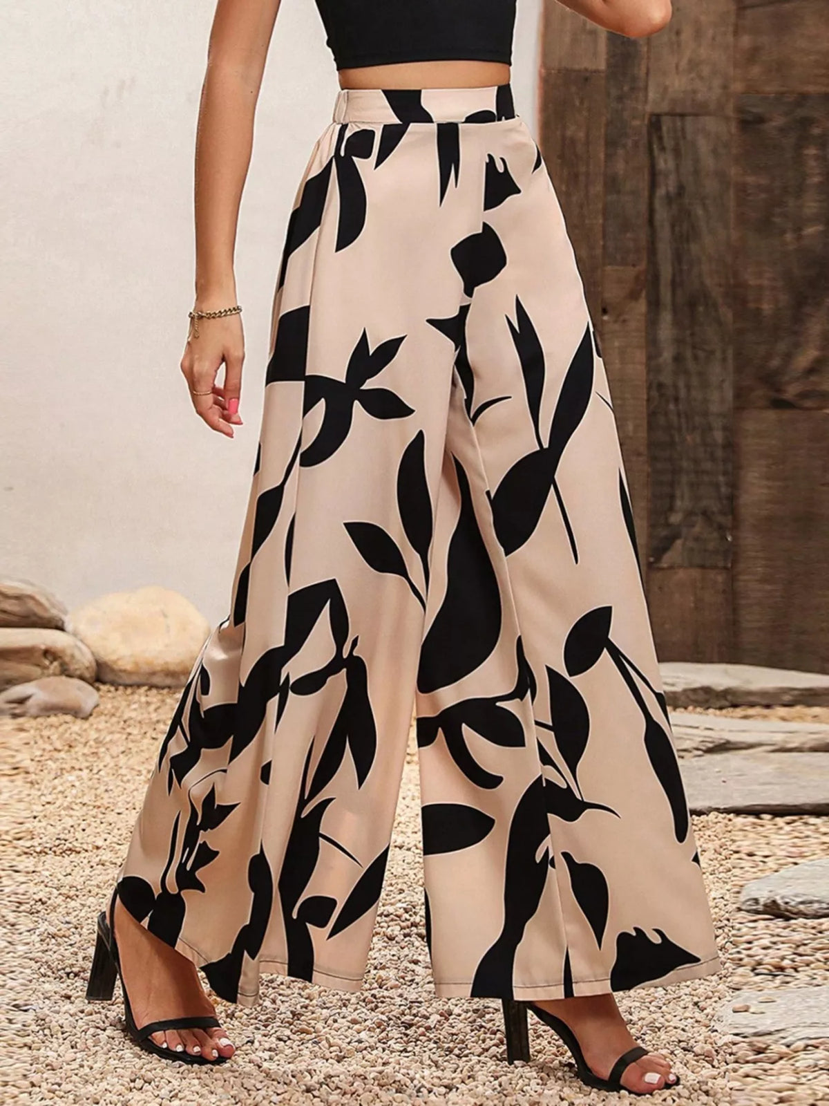 Printed Wide Leg Pants in Tan
