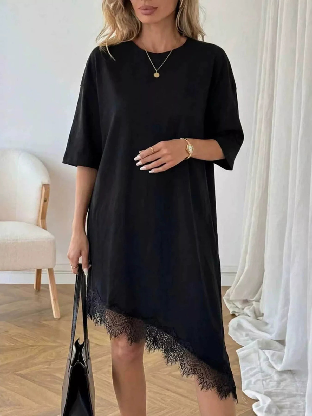 Asymmetrical Hem T-Shirt Dress with Lace Trim