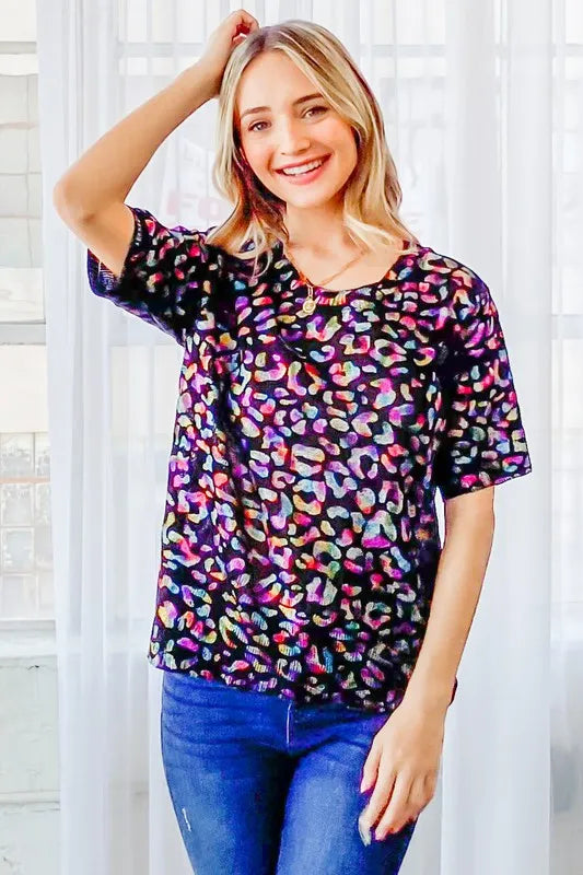 And The Why Leopard Foil Half Sleeve Sweater in Hologram