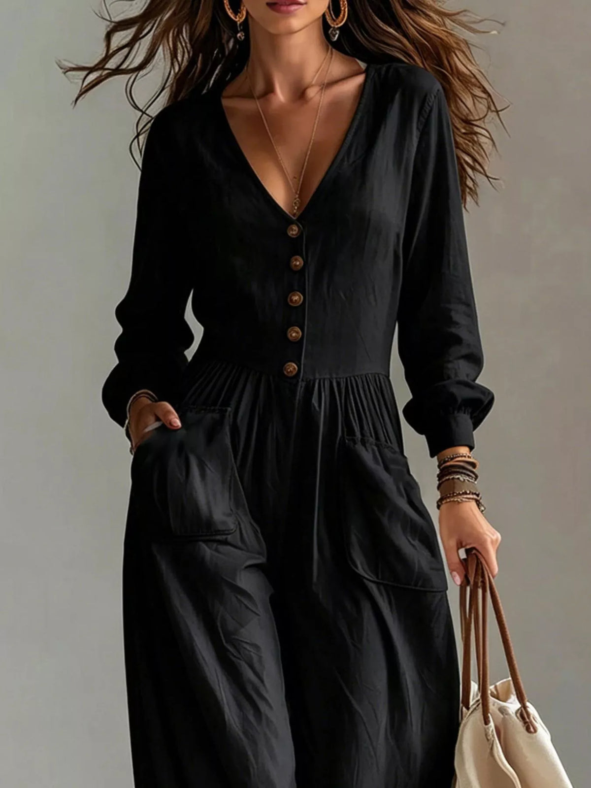 V-Neck Long-Sleeve Button-Down Wide-Leg Jumpsuit