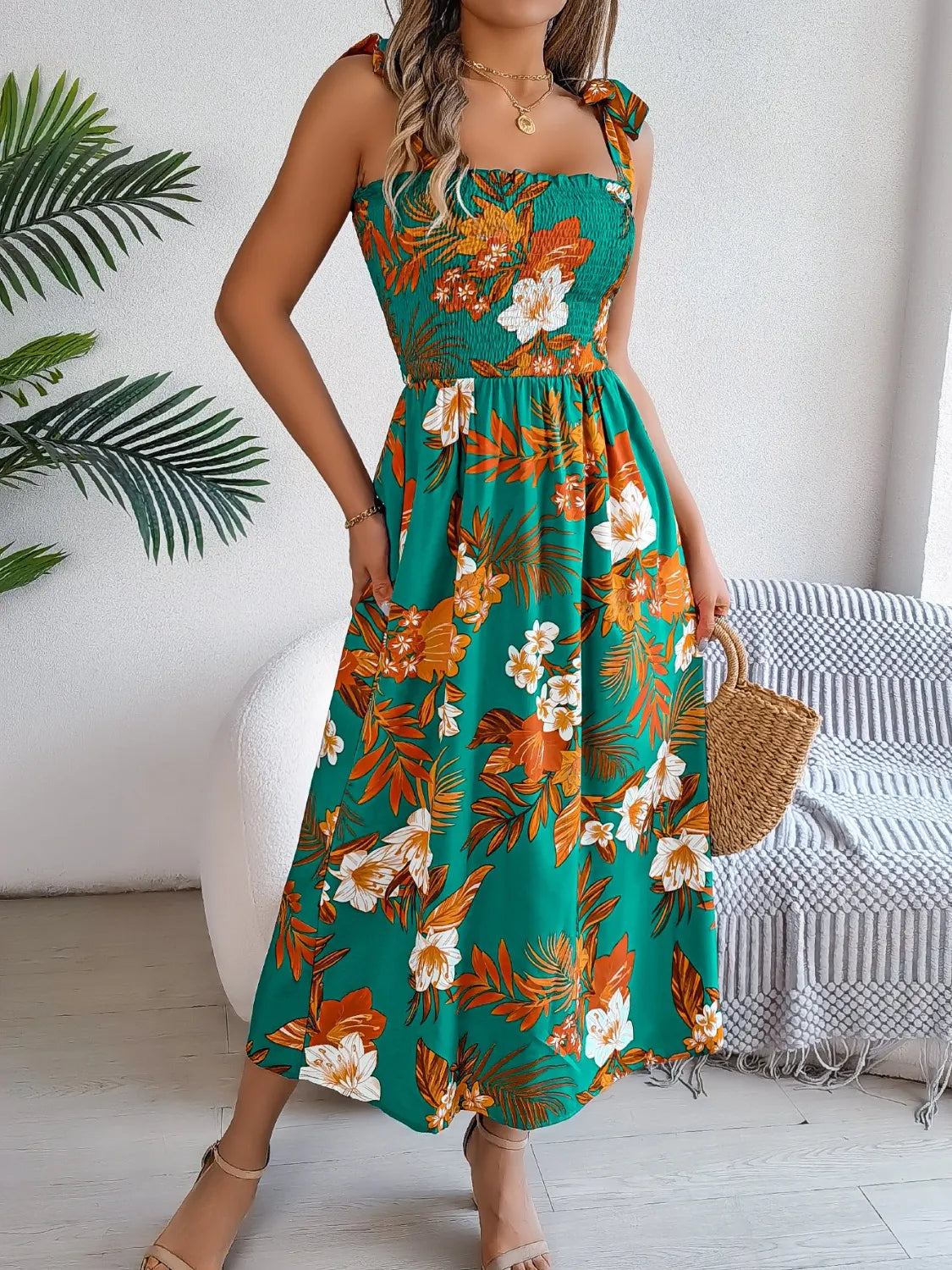 Smocked Floral Tie-Shoulder Midi Dress