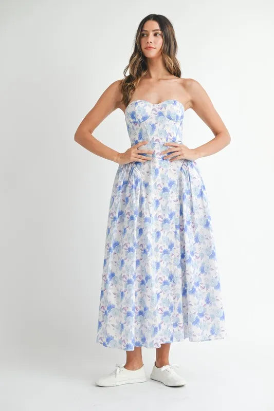 Sweetheart Neckline Floral Midi Dress in Blue