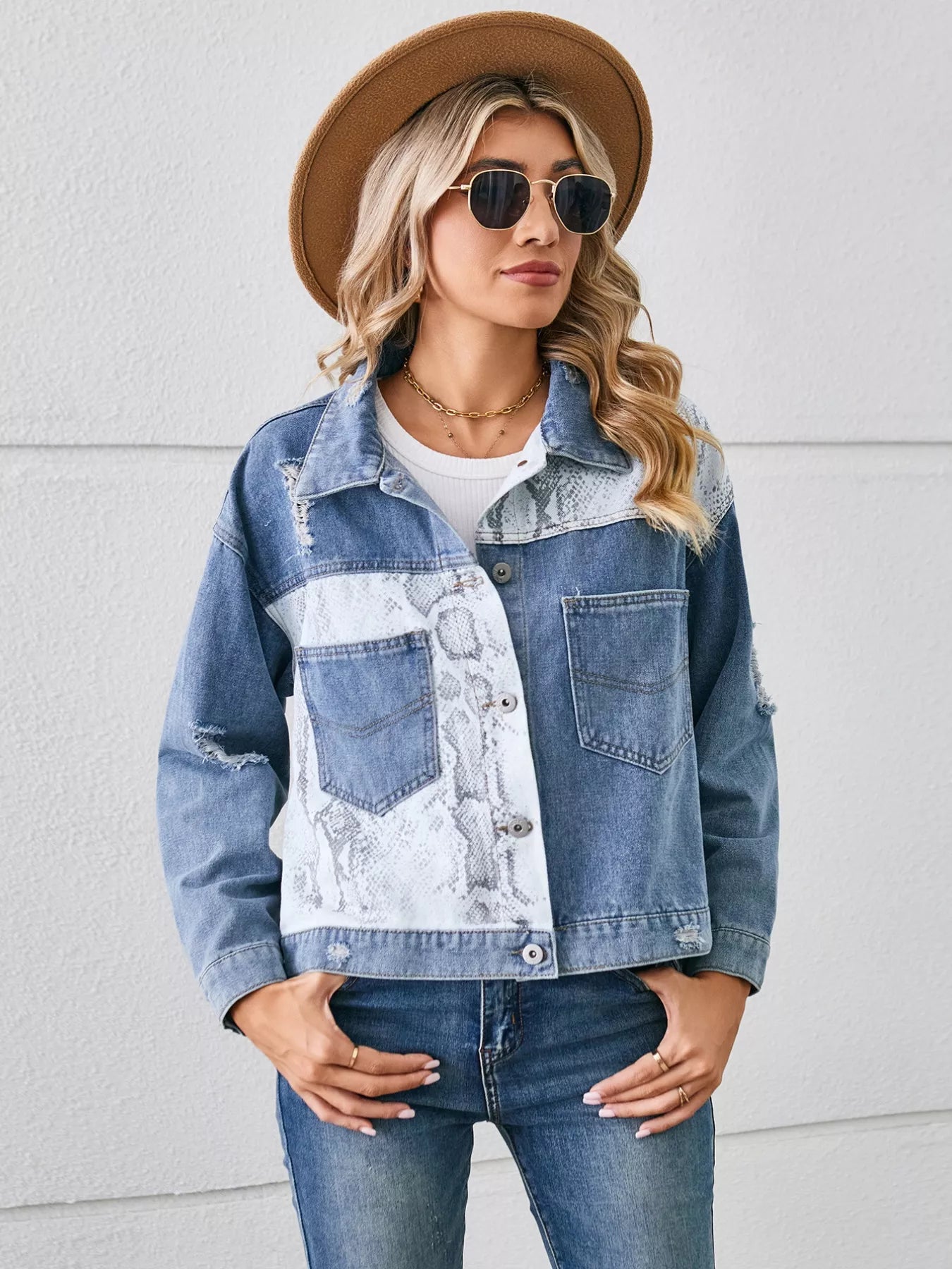 Snake Print Button-Up Denim Jacket by Moni Wear