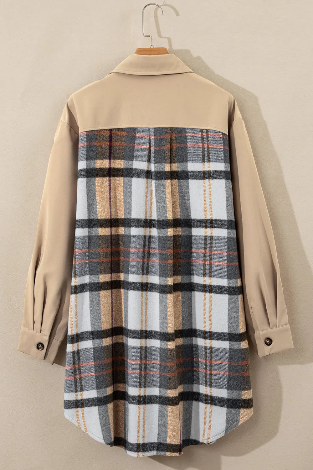 Pocketed Plaid Long-Sleeve Mini Shirt Dress in Khaki