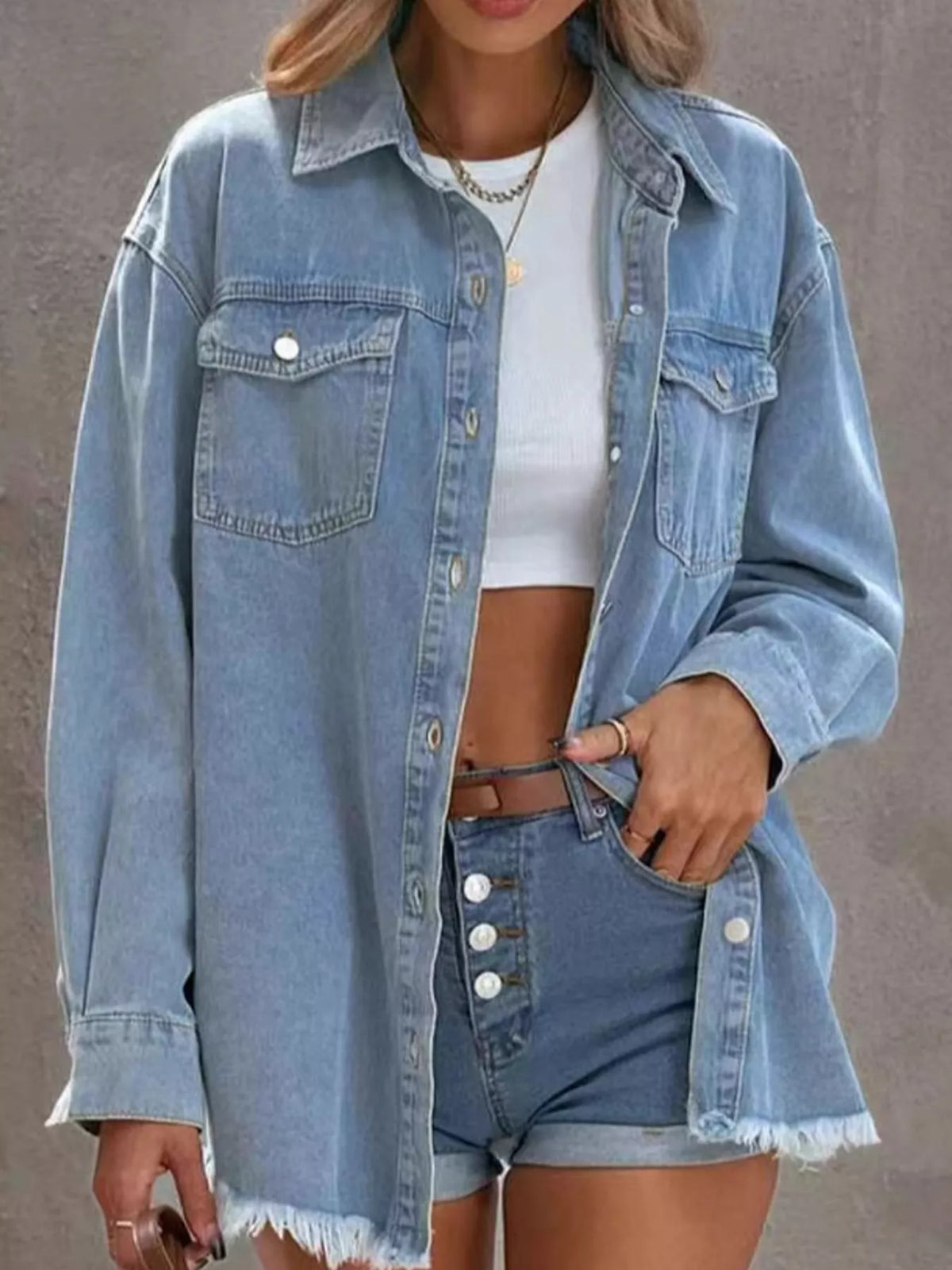 Raw Hem Button-Up Denim Jacket in Light Blue