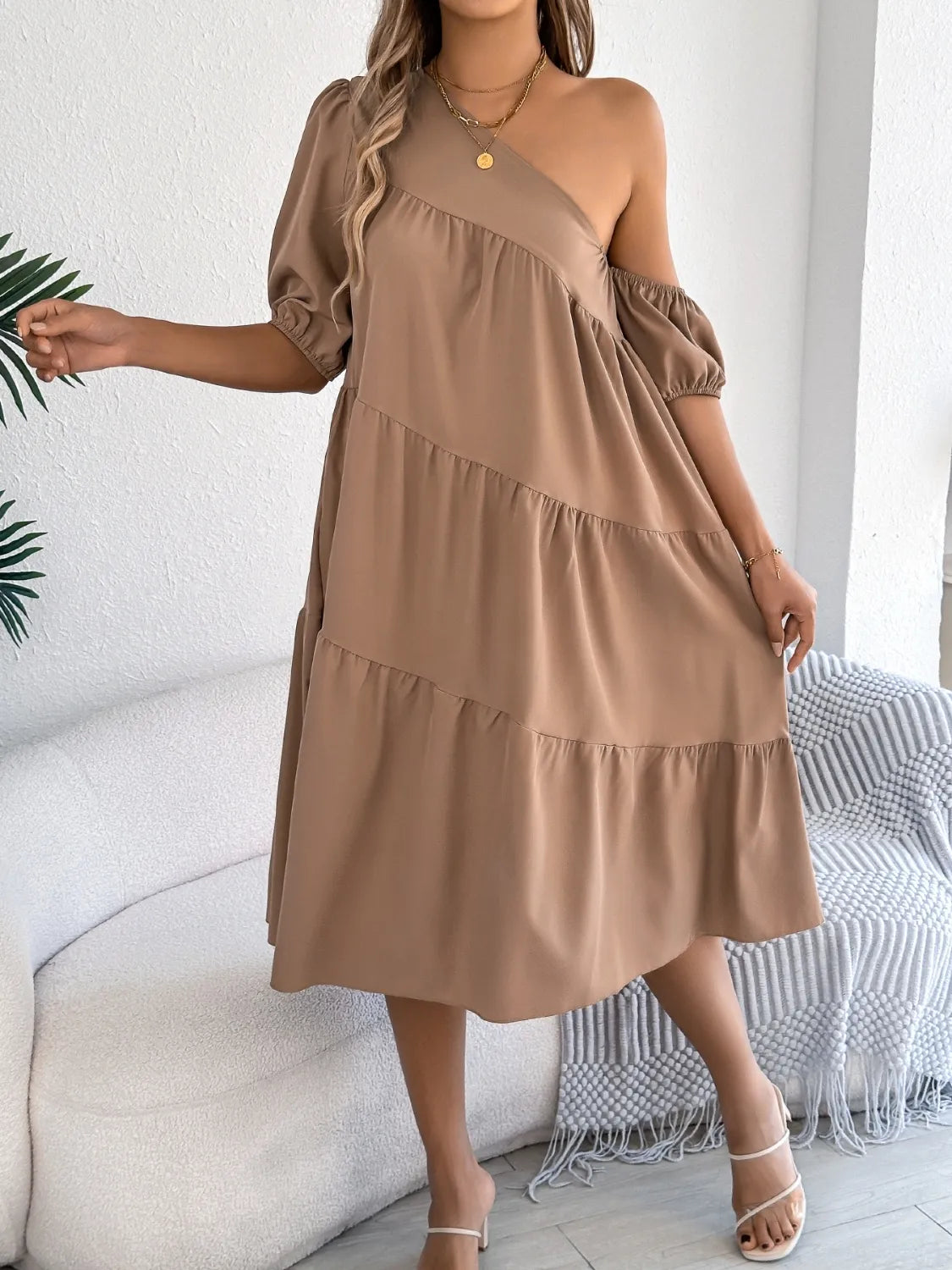 Asymmetrical Single-Shoulder Tiered Dress
