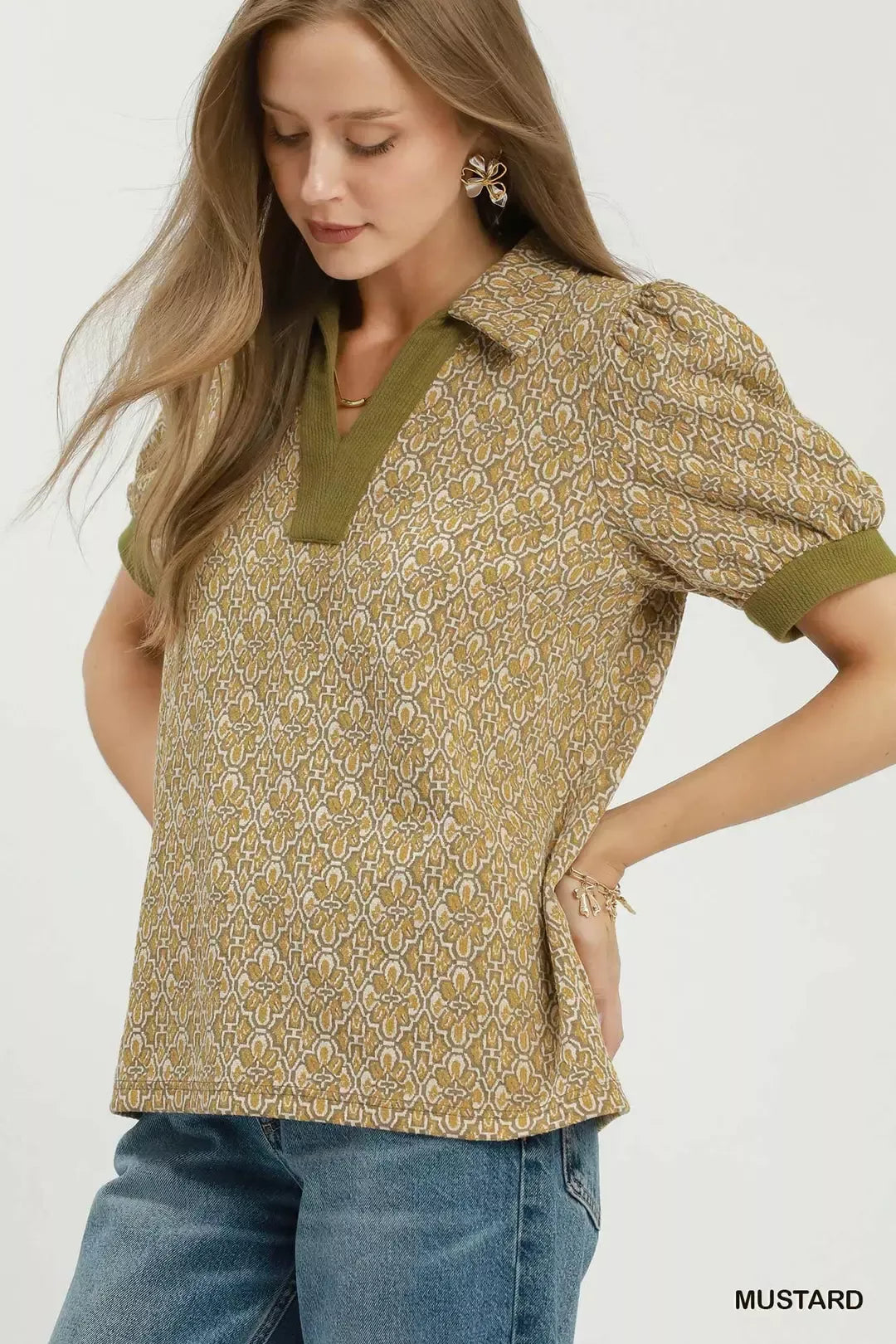 Umgee Printed Collared Puff Sleeve Top in Mustard