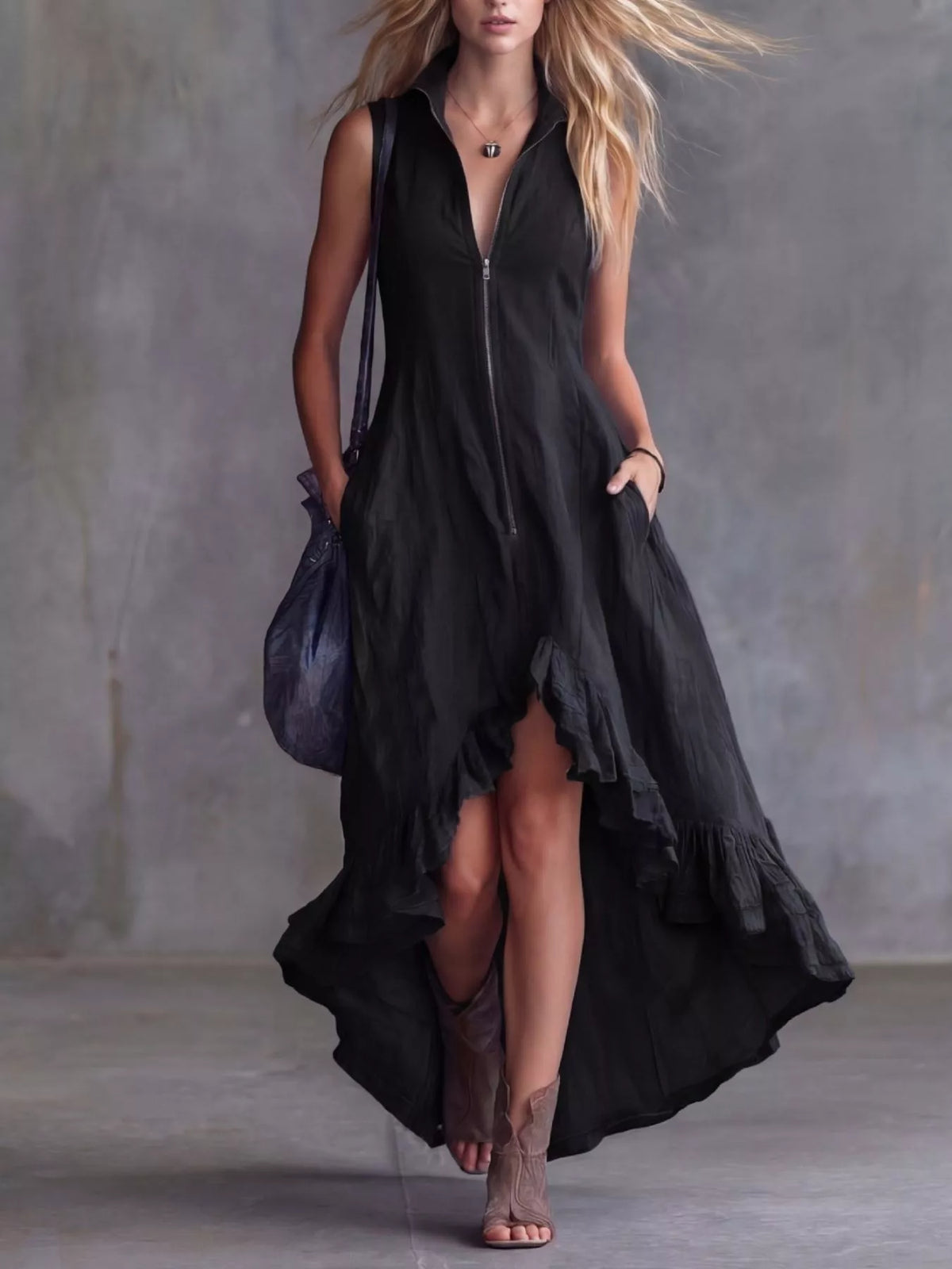 High-Low Ruffled Zip Front Dress