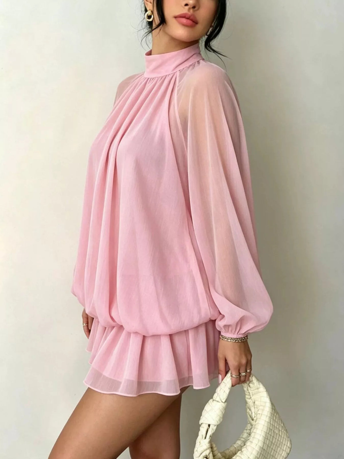 Mock Neck Sheer Chiffon Mini Dress