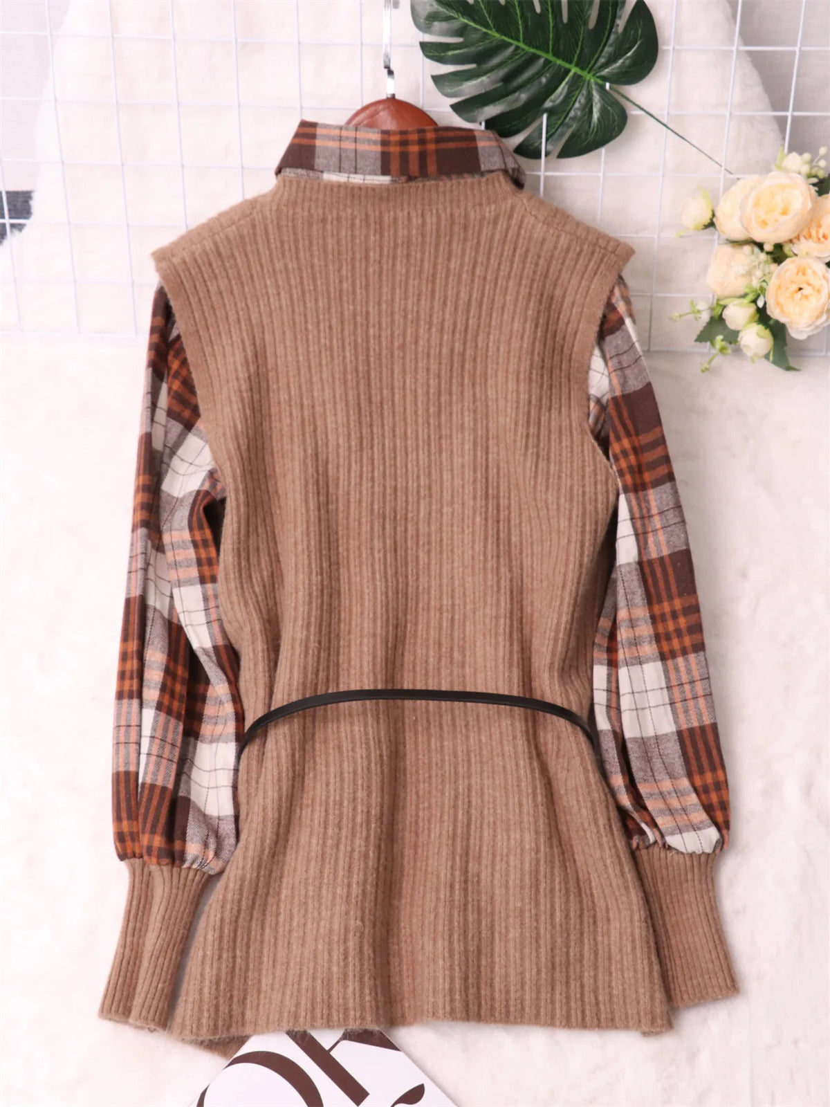 Plaid Long Sleeve Belted Sweater Dress