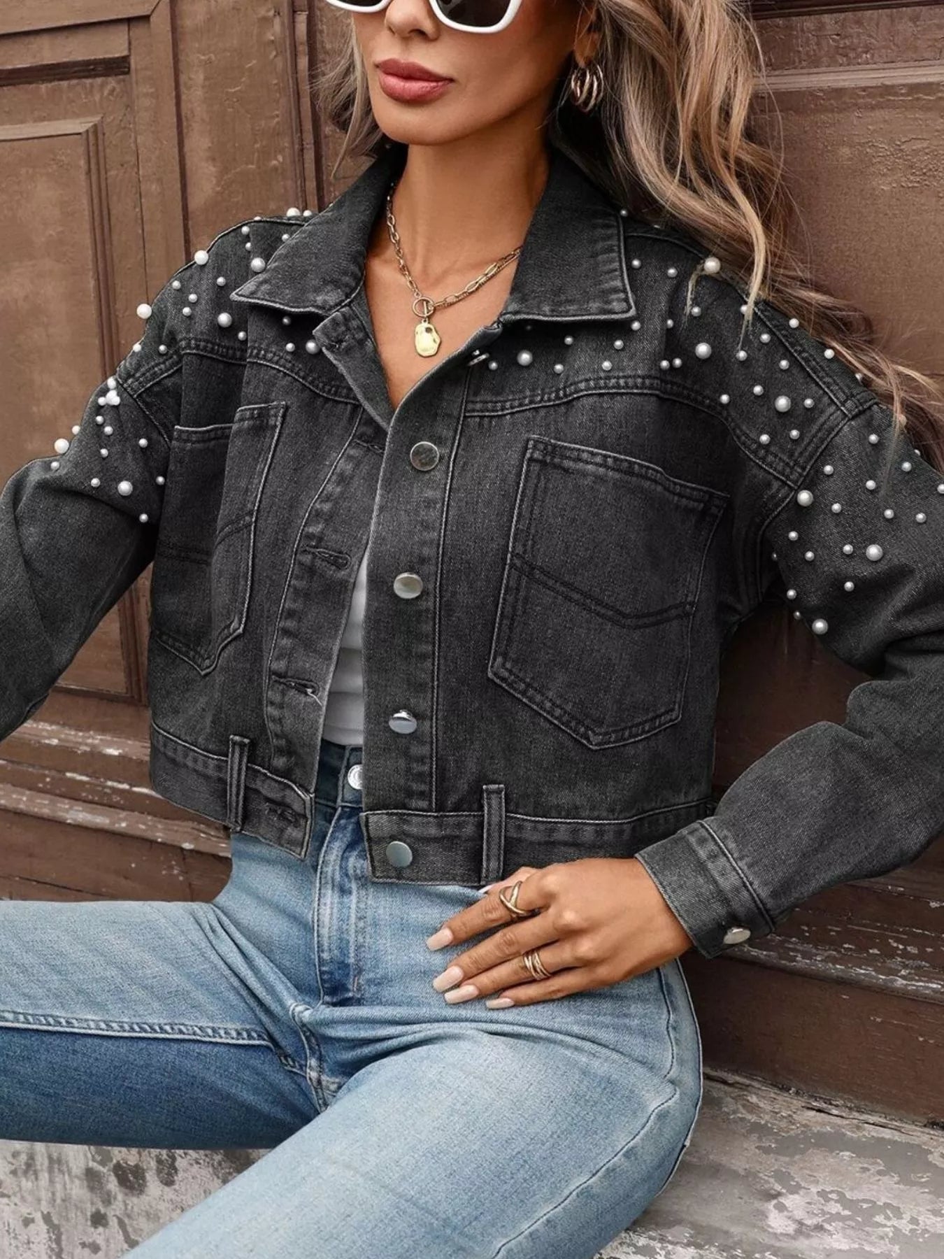 Pearl Embellished Cropped Denim Jacket by Moni Wear