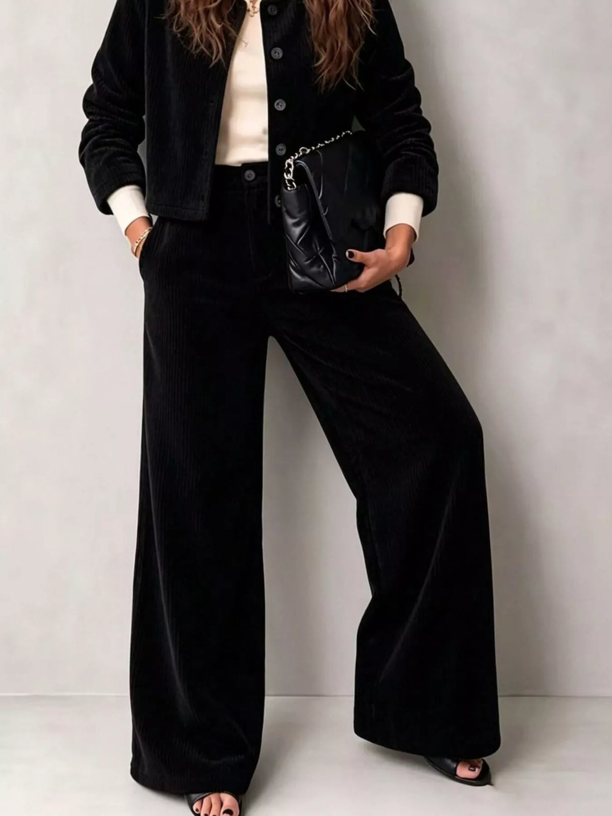Corduroy Button-Down Jacket and Wide-Leg Pants Set