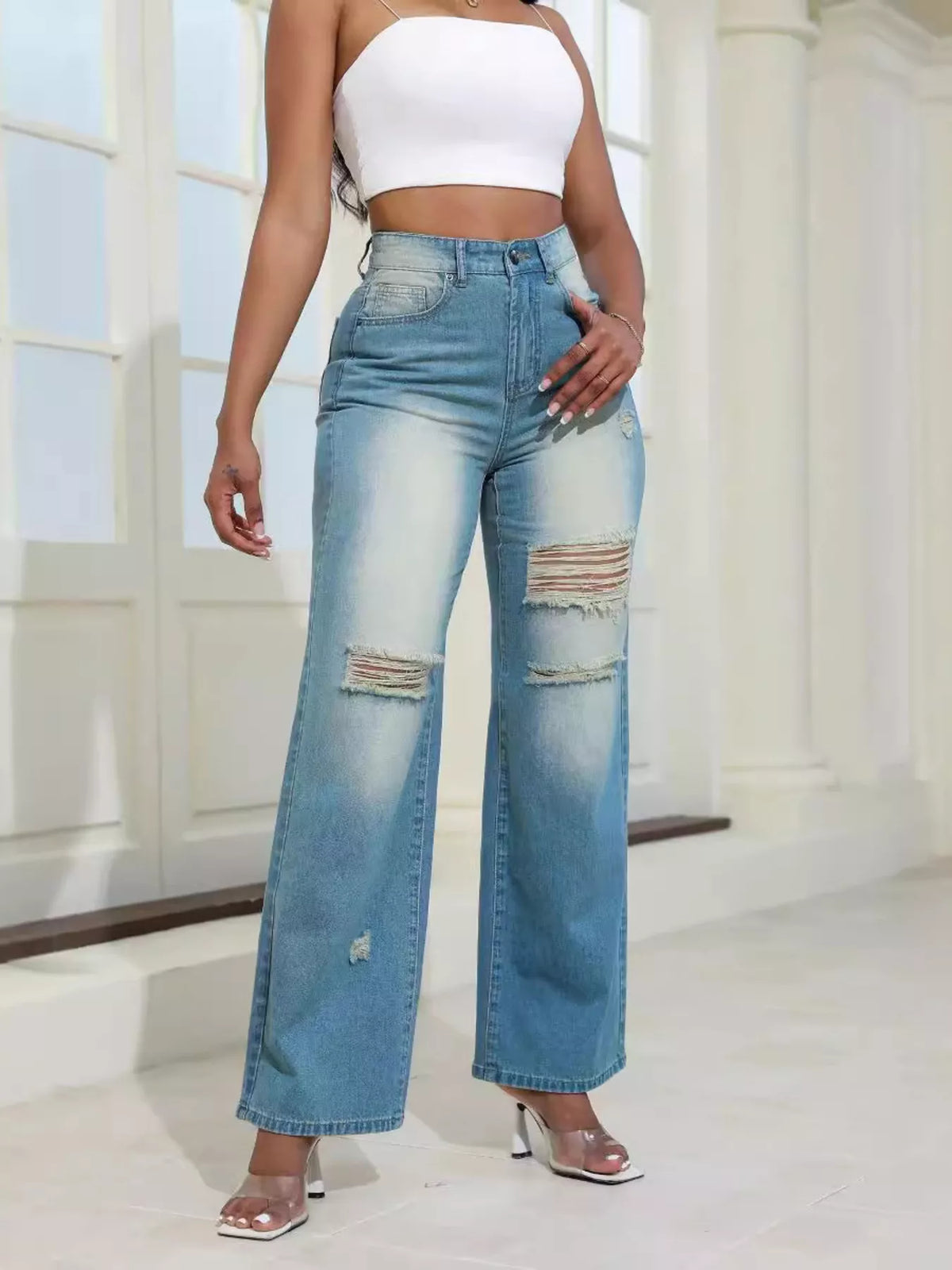 High-Waisted Distressed Wide-Leg Jeans