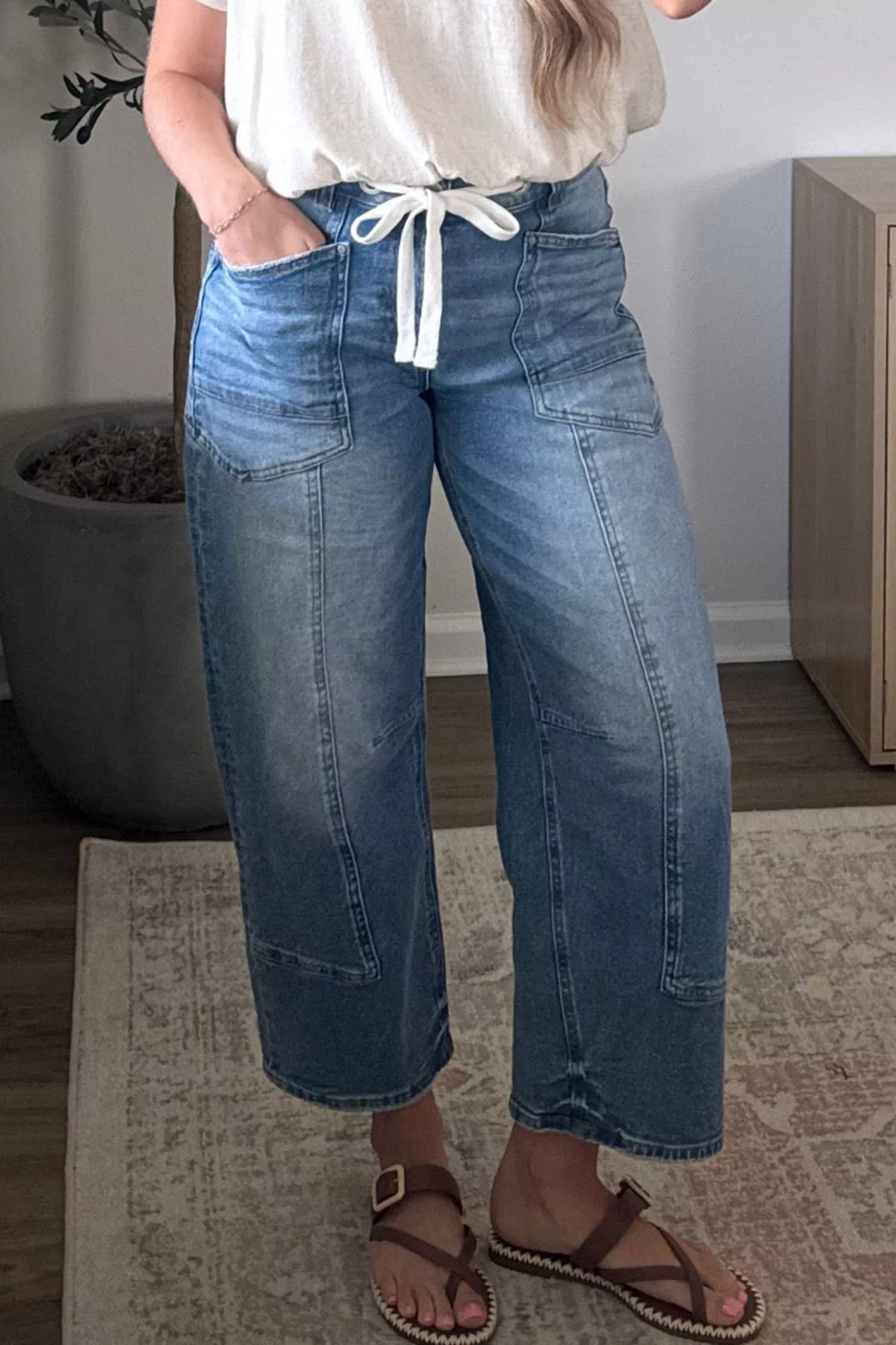 Patchwork Grommet Tie Waist Jeans in Medium