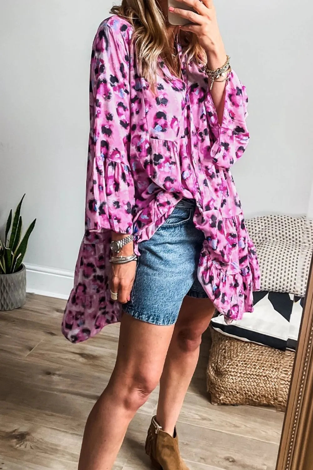Leopard Print Buttoned Tiered Ruffle Dress