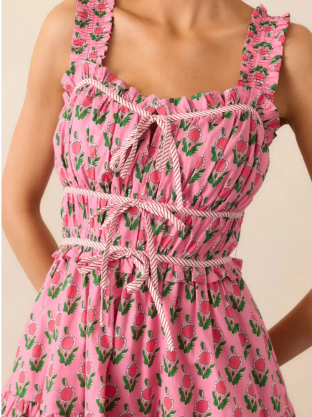 Floral Print Ruffled Midi Dress with Pockets in Pink