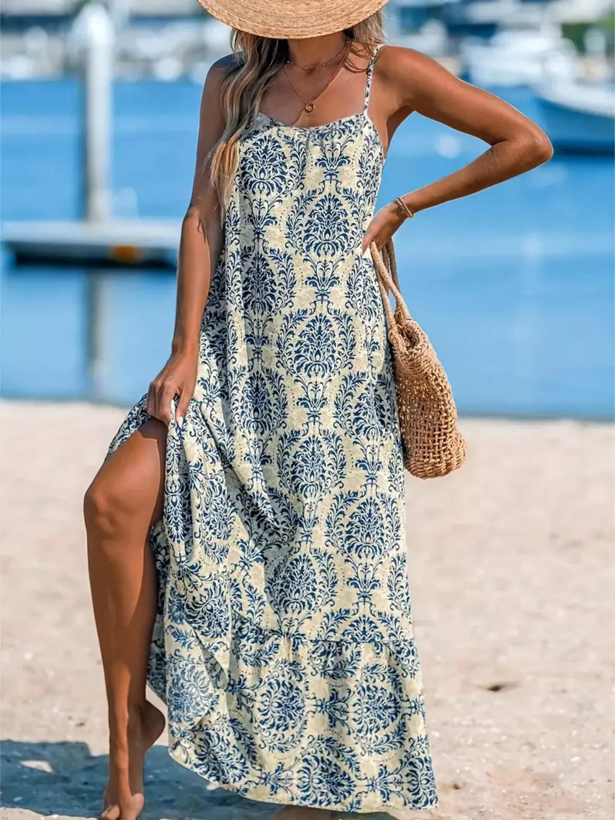 Damask Print Spaghetti Strap Maxi Dress in Sky Blue