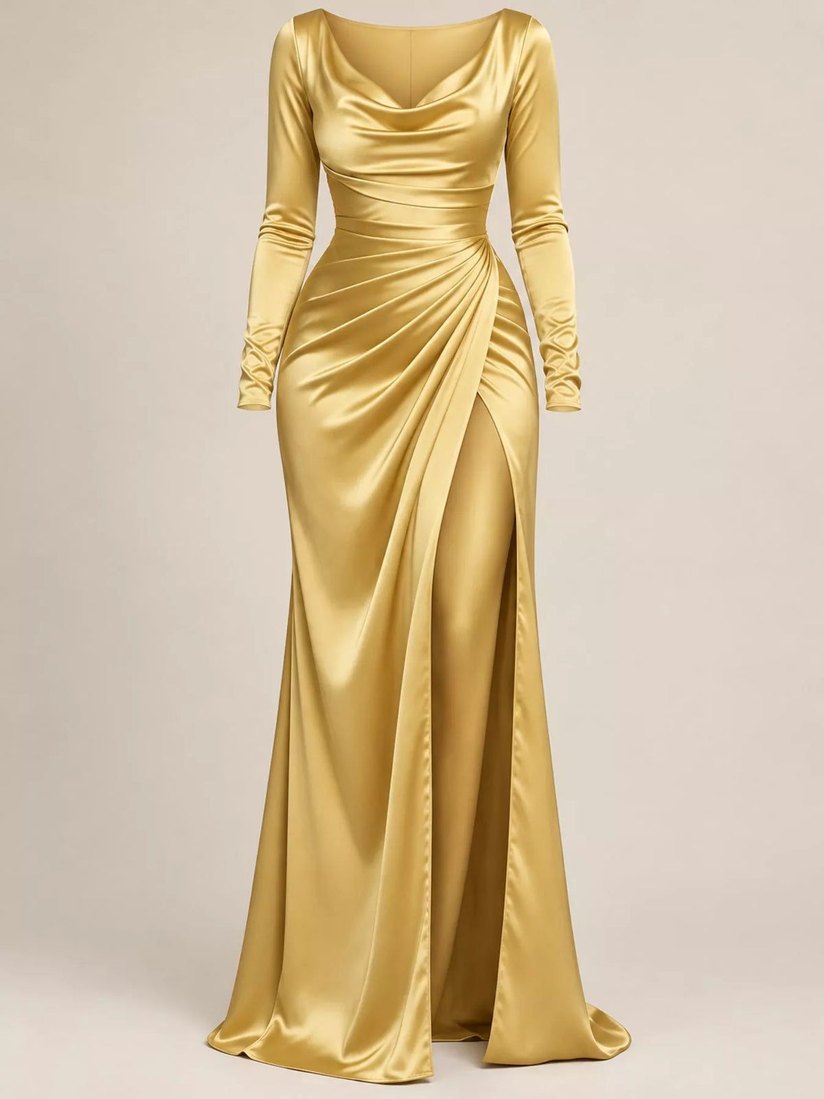 Satin Cowl Neck High Slit Evening Maxi Dress in Black