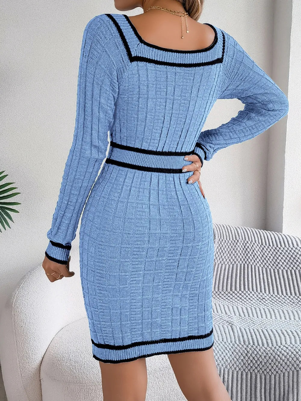 Contrast-Trim Long-Sleeve Sweater Dress