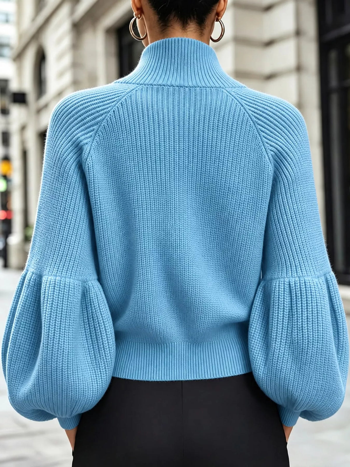 Ribbed Knit Zip-Up Cardigan with Lantern Sleeves