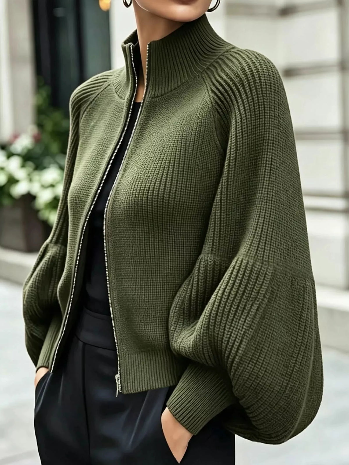 Ribbed Knit Zip-Up Cardigan with Lantern Sleeves