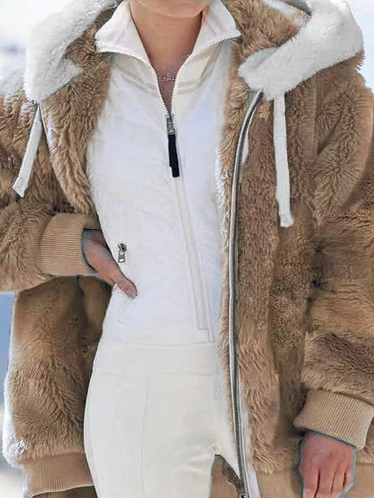 Faux Fur Hooded Zip-Up Jacket in White