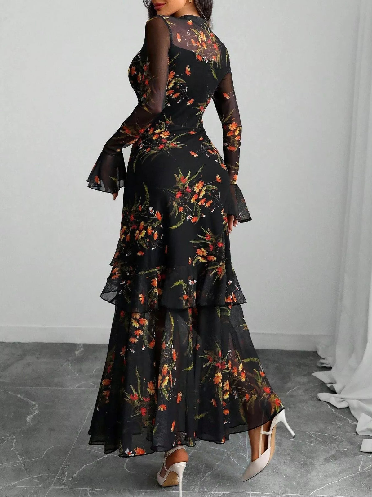 Flounce Sleeve Floral Mermaid Maxi Dress