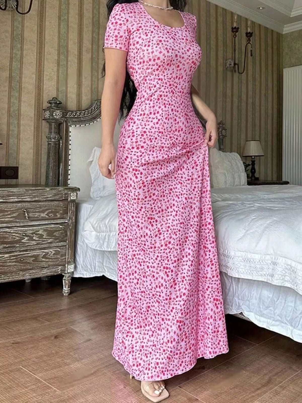 Floral Print Short Sleeve Maxi Dress