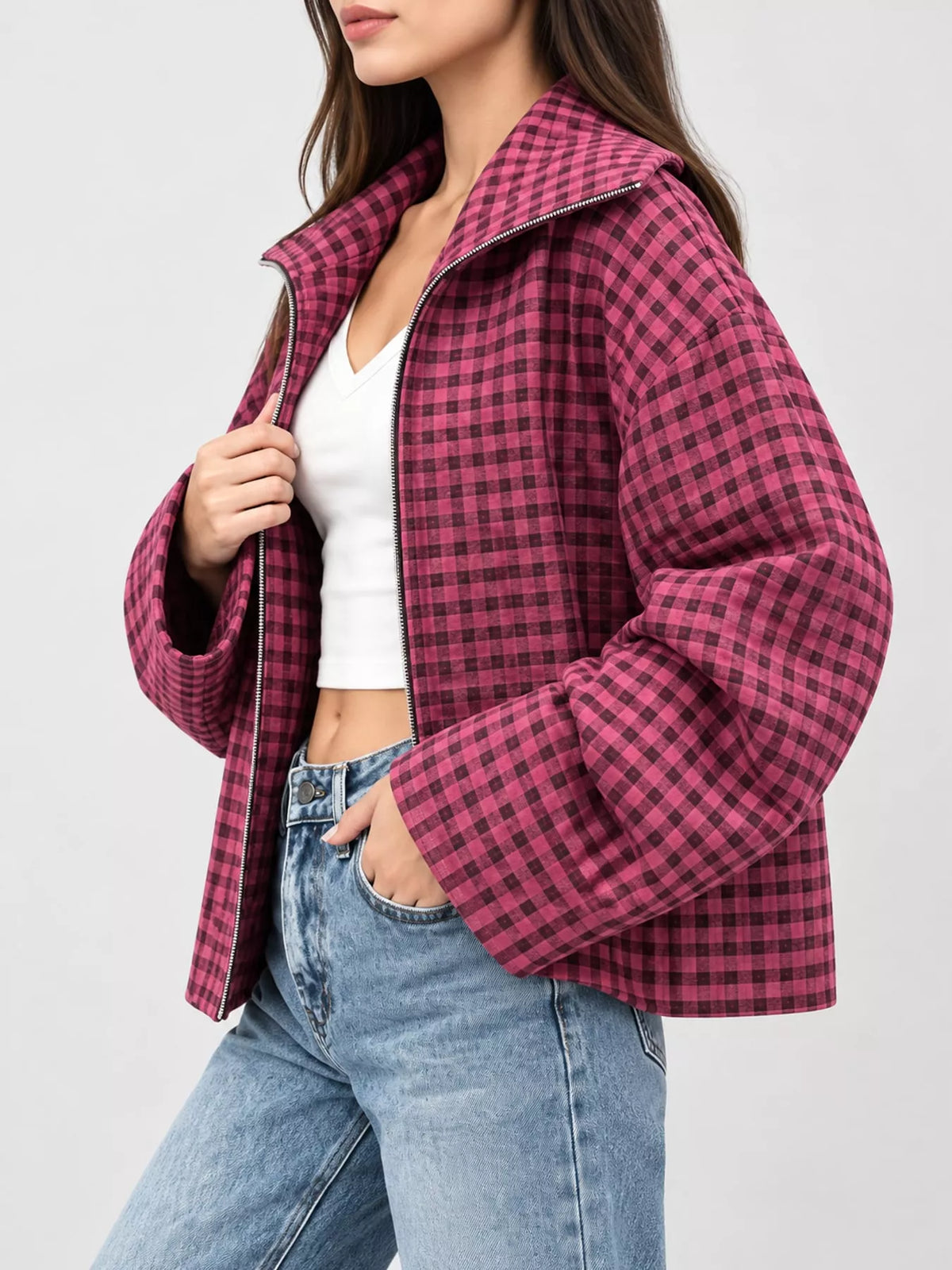 Oversized Plaid Zip-Up Jacket
