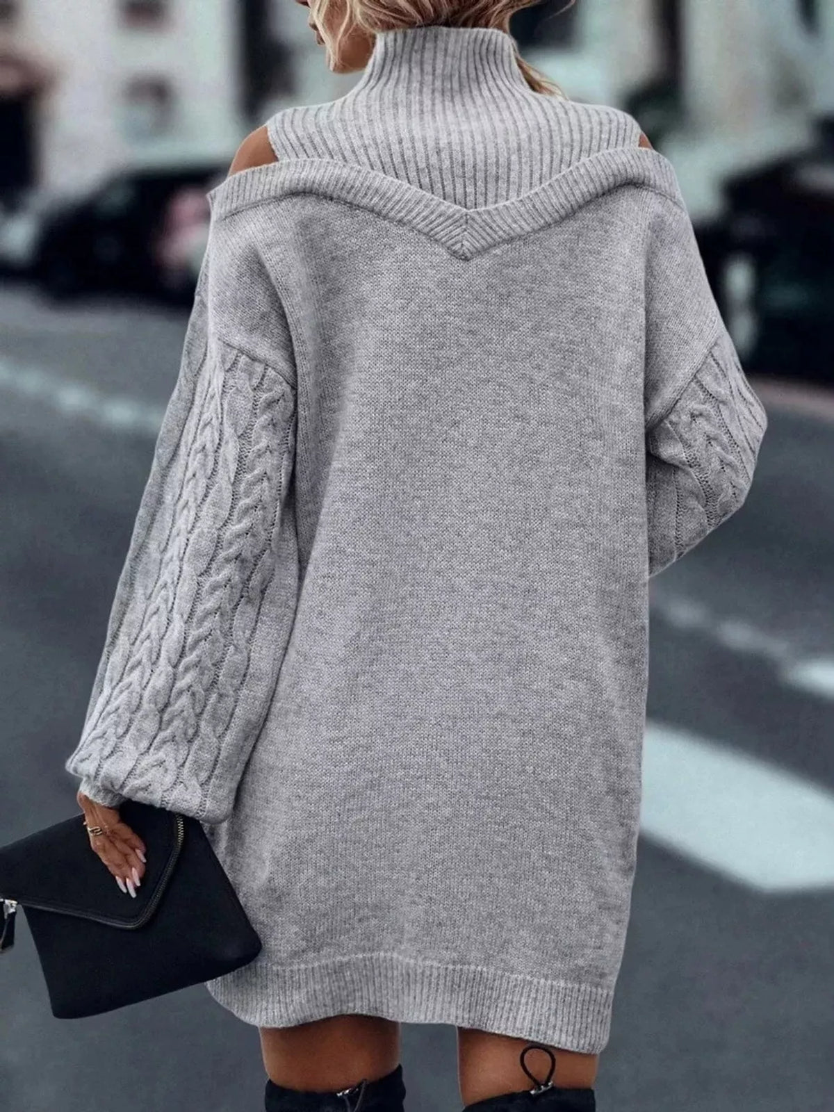 Cable-Knit Cold-Shoulder Mock-Neck Sweater Dress