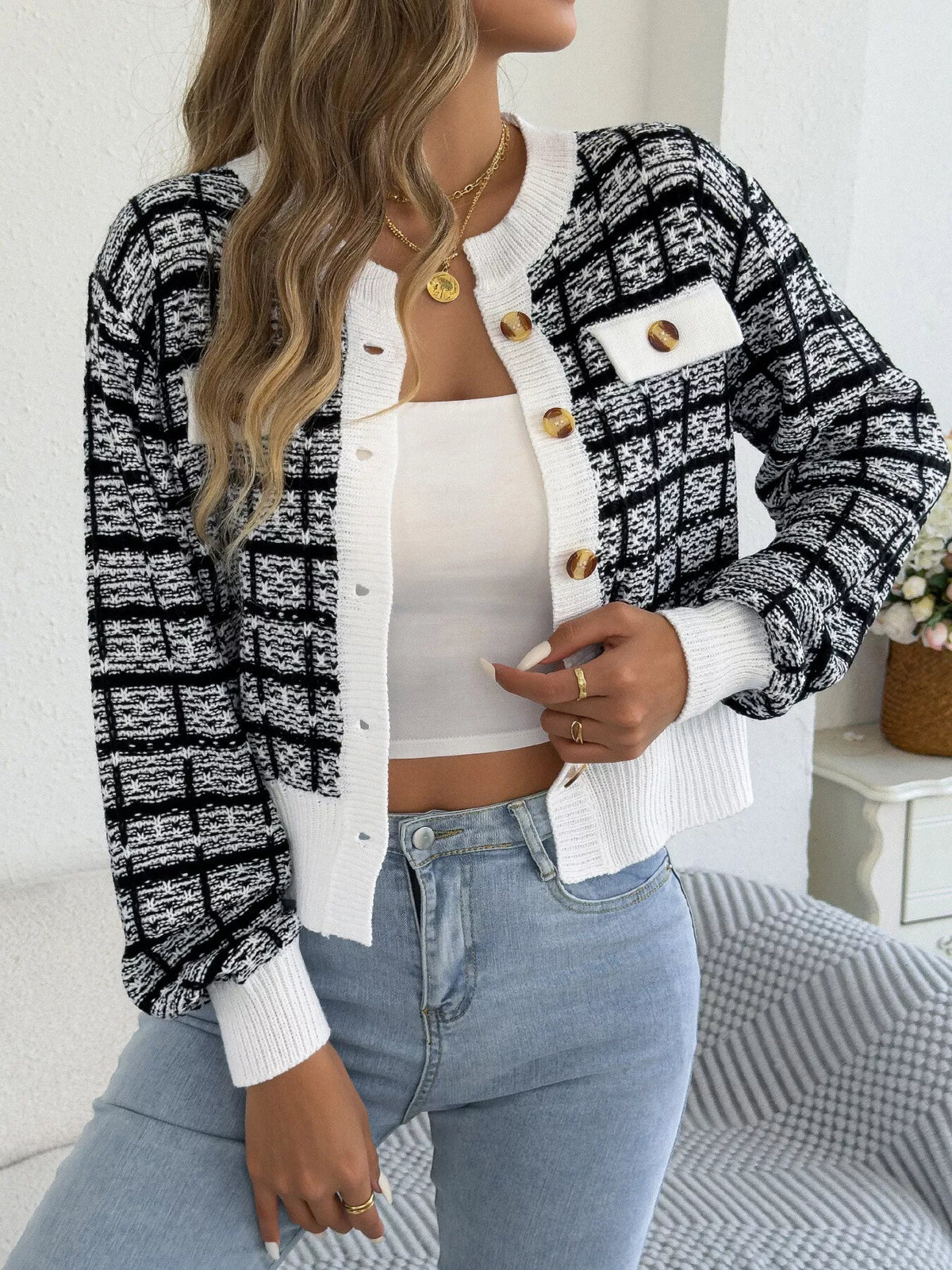 Plaid Tweed-Style Knit Cardigan by Clise