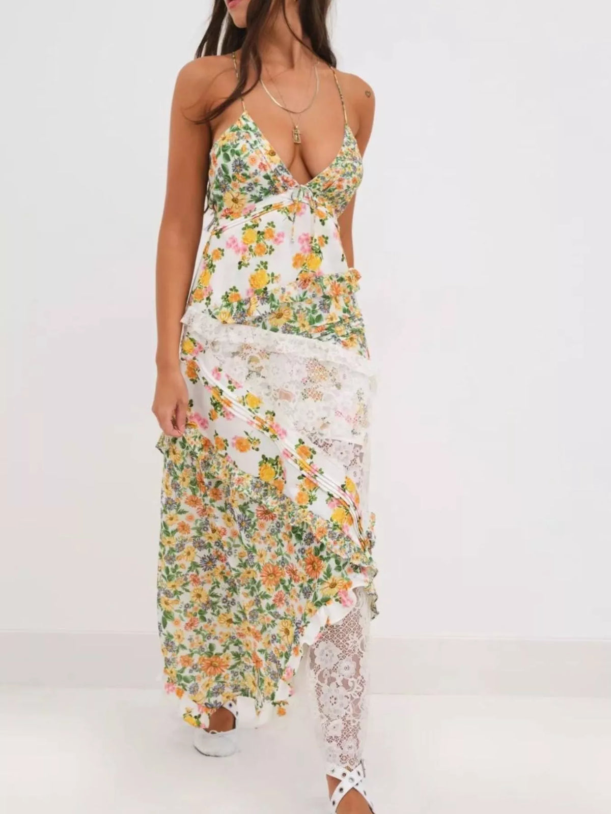 Lace Floral Ruffle Trim Maxi Dress