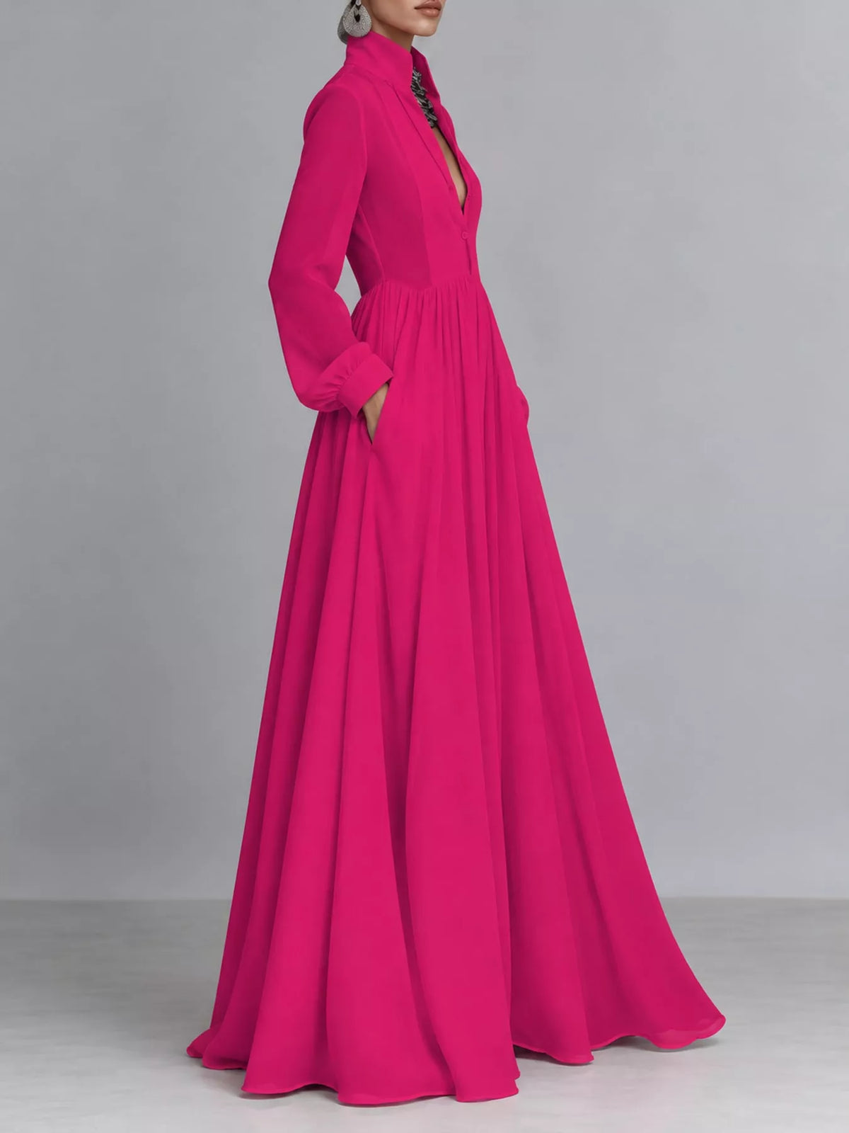 Long-Sleeve Button Front Maxi Dress